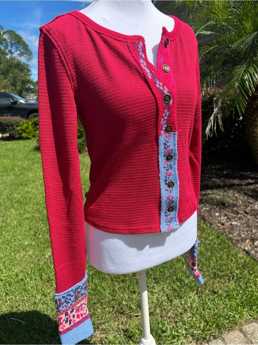 NWT🌷Free People Embroidered Trim Crew Neck Long Sleeve Cardi Top